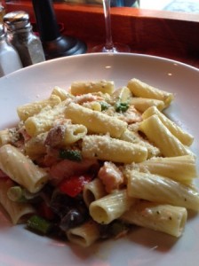 Salmon, Rigatoni, and Mushrooms with Pasta and Pesto-Cream Sauce