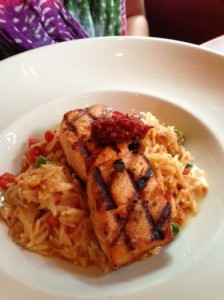 Salmon with Veggie Orzo and Sun-Dried Tomato Pesto