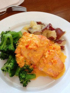 Seared Salmon with Sautéed Sweet Pepper Cream Sauce 