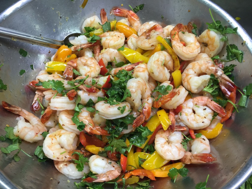 Tequila Prawns with Cilantro, Basil, Honey, and Sweet Peppers